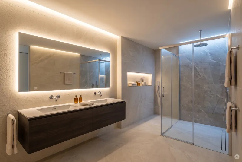 Weitwinkelaufnahme eines modernen Badezimmers mit abgestimmten LED-Lichtzonen an Spiegel, Decke, Dusche und Wandnische.