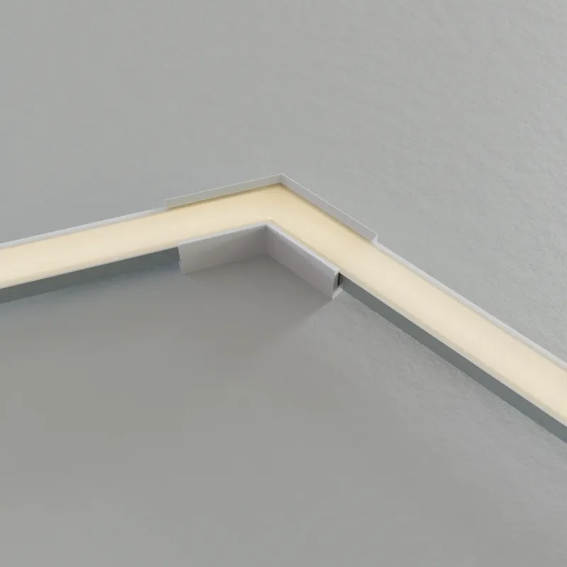 Zwei LED Alu-Aufbauprofile mit PETG-Verbinder im Winkel verbunden – Gesamtansicht der fertigen Profilverbindung