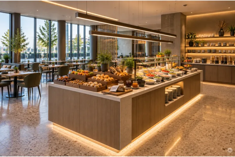 Offenes Hotel-Buffet mit Holz-Theke, warmer LED-Sockellichtleiste, hinterleuchteten Regalen und modernem Terrazzoboden.