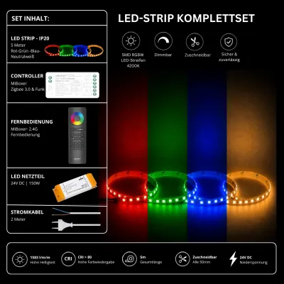 RGBW LED Streifen Komplettset 24V mit 5 m SMD LED Streifen 4200K Neutralweiß, MiBoxer Zigbee 3.0 Funk Controller, 2.4G Fernbedienung und 150W Netzteil