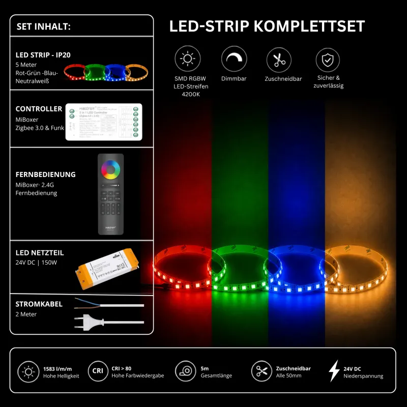 RGBW LED Streifen Komplettset 24V mit 5 m SMD LED Streifen 4200K Neutralweiß, MiBoxer Zigbee 3.0 Funk Controller, 2.4G Fernbedienung und 150W Netzteil