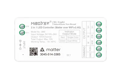 MiBoxer SM2 2-in-1 Matter LED Controller – einfarbig & CCT, 12A, Push Dimming | SK-LED MiBoxer SM2 2-in-1 LED Controller – Matter over WiFi und 2,4 GHz Funk, einfarbig und CCT, 12–24V DC, 12A, Push Dimming, Apple HomeKit, Google Home, Alexa, Frontansicht