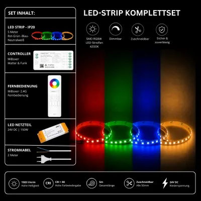 RGBW LED Streifen Komplettset Matter 4200K RGBW LED Streifen Komplettset 24V mit 5 m SMD LED Streifen 4200K Neutralweiß, MiBoxer Matter Funk Controller, 2.4G Fernbedienung und 150W Netzteil