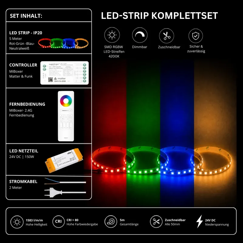 RGBW LED Streifen Komplettset 24V mit 5 m SMD LED Streifen 4200K Neutralweiß, MiBoxer Matter Funk Controller, 2.4G Fernbedienung und 150W Netzteil