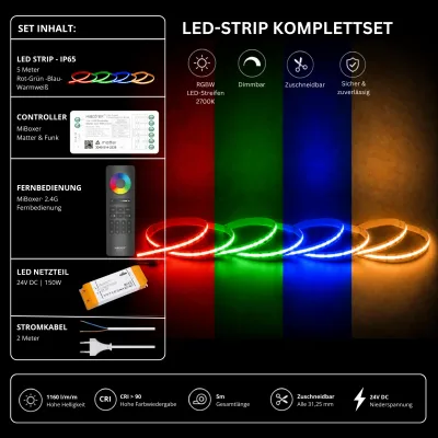 RGBW LED-Streifen Komplettset 5 m 24 V IP65 mit MiBoxer Matter- und Funk-Controller, schwarzer 2,4-GHz-Fernbedienung, 150-W-Netzteil und Stromkabel