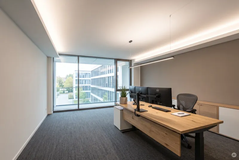 Modernes Einzelbüro mit Holzschreibtisch, drei Monitoren, dunklem Teppichboden und blendfreier, indirekter LED-Beleuchtung an der Decke.