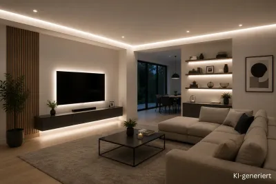 Modernes Wohnzimmer mit indirekter LED-Beleuchtung durch neutralweiße 4000K LED-Streifen. Gleichmäßige Lichtlinien an Decke, TV-Wand, Lowboard und Regalen sorgen für eine helle, natürliche Ausleuchtung ohne sichtbare LED-Punkte