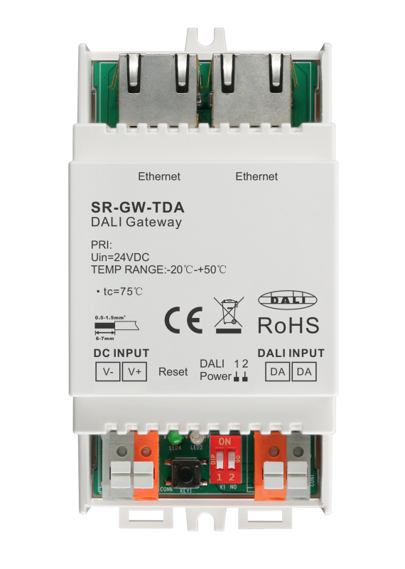 SR-GW-TDA Tuya DALI Gateway mit integriertem 250 mA Bus-Netzteil zur App-gesteuerten Lichtsteuerung von bis zu 64 DALI-Geräten über Ethernet