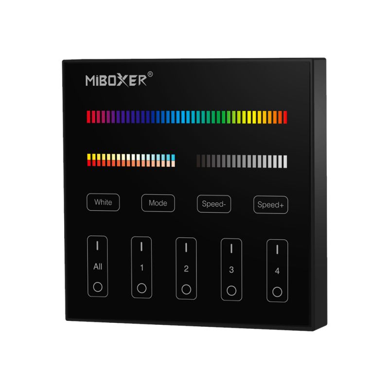 LED RGB + CCT Wandpanel – 4 Zonen Steuerung, 5-Kanal Touchpanel mit 2,4 GHz Funk, schwarzes Glas-Design für professionelle LED Beleuchtung.