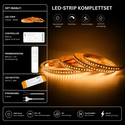 LED-Streifen Komplettset Neutralweiß 4000K – 5m mit Zigbee 3.0 Controller, Fernbedienung und 24V Netzteil 5 Meter LED-Streifen Komplettset in Neutralweiß 4000K mit MiBoxer Zigbee 3.0 Controller, 2,4 GHz Fernbedienung, 24V LED-Netzteil und Anschlusskabel. Dimmbares LED-Band mit 1640 lm/m, CRI >93 und zuschneidbar alle 62,5 mm