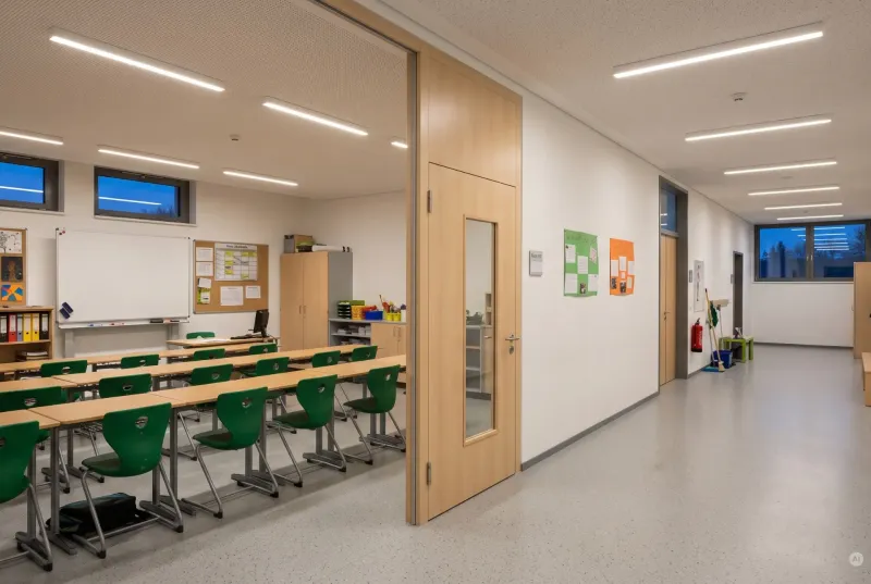 Blick aus einem hellen Schulflur in ein modernes Klassenzimmer mit grünen Stühlen, Holztischen, Whiteboard und stabiler LED-Deckenbeleuchtung.