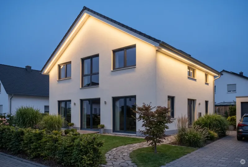 Modernes zweigeschossiges Einfamilienhaus mit hellem Putz und Satteldach während der blauen Stunde, dessen Fassade durch verdeckte LED-Lichtleisten unter dem Dachüberstand warmweiß angestrahlt wird.