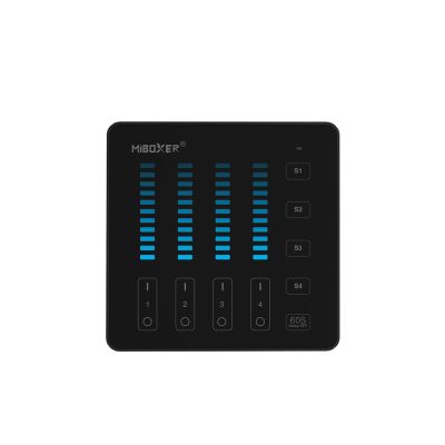 Frontansicht der schwarzen MiBoxer B5 LED-Wandfernbedienung mit Touchpanel für 4 Zonen, 1 Kanal, 5 Szenen und 60s Delay-Off