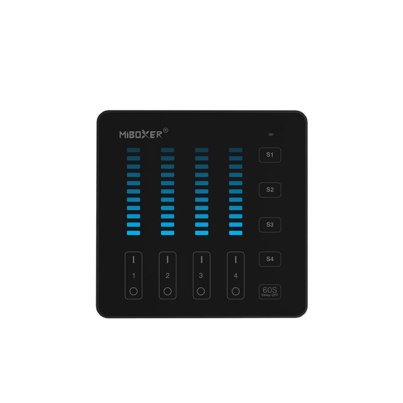 Frontansicht der schwarzen MiBoxer B5 LED-Wandfernbedienung mit Touchpanel für 4 Zonen, 1 Kanal, 5 Szenen und 60s Delay-Off