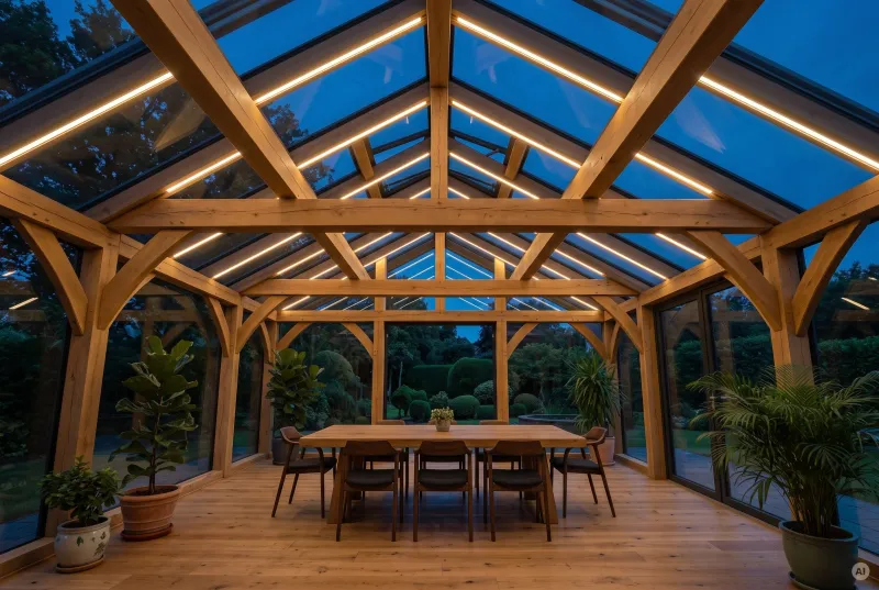 Blick von unten in einen Wintergarten aus Massivholz, dessen Dachsparren durch nahtlos integrierte LED-Lichtleisten am Abend eindrucksvoll in Szene gesetzt werden.