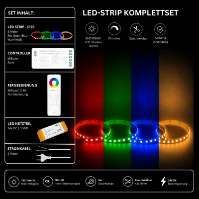 LED Streifen Komplettset RGBW 3000K mit 5 m SMD LED Streifen, MiBoxer Funk Controller, Fernbedienung und 24V 150W Netzteil