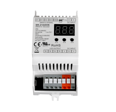 SR-2102DIN DMX512 & RDM Hutschienen Decoder 4-Kanal 5A pro Kanal 12-48V DC für RGBW LED Streifen