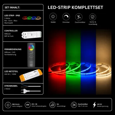 LED Streifen Set RGBW Warmweiß 3000K IP65 24V – COB LED mit WL5 WiFi Controller & C5 Fernbedienung Schwarz LED Streifen Set RGBW Warmweiß 3000K IP65 mit 5 m COB LED Streifen, WL5 WiFi Controller, SS100 Netzteil und C5 Funk-Fernbedienung in Schwarz.