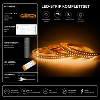 LED-Streifen Komplettset 24V mit 5 m SMD LED-Streifen in Neutralweiß 4000K, 3620 lm/m, CRI über 93, MiBoxer Funk-Controller, schwarzer Fernbedienung und 150W LED-Netzteil