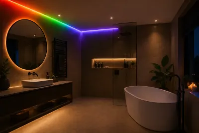 Modernes Badezimmer mit indirekter RGBCCT IP65 COB LED Beleuchtung. LED Streifen Set RGBCCT IP65 – Indirekte Badezimmerbeleuchtung mit COB LED