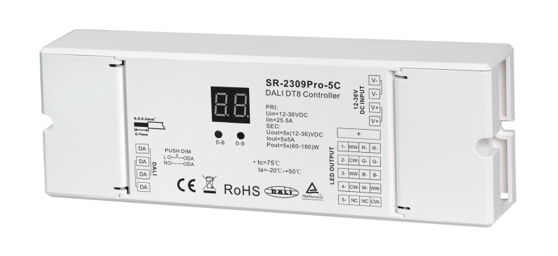SR-2309PRO-5C DALI-2 DT8 LED Controller, 5-Kanal, 12-48V DC, 5×5A, 8-in-1 Farbsteuerung, Push DIM