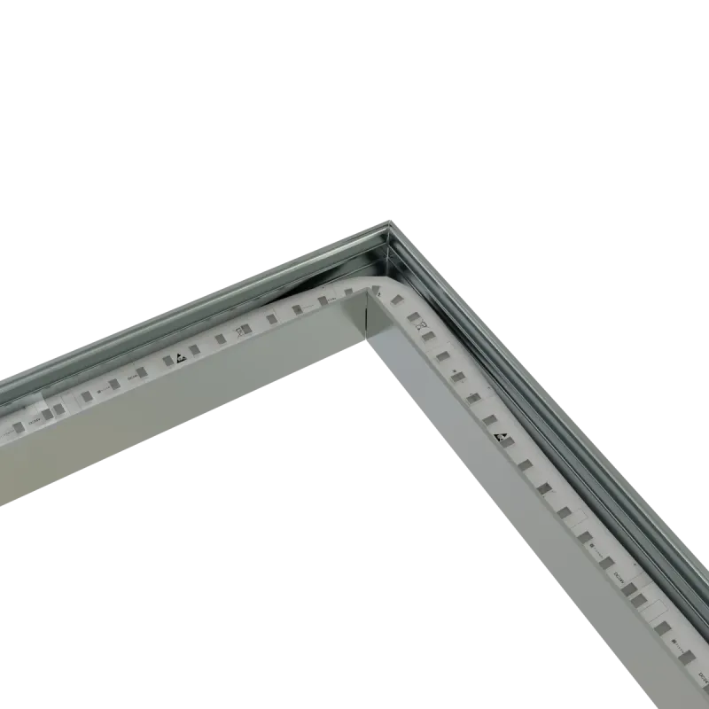 CON-A2 Verbinder 90° – Nahaufnahme der montierten Eckverbindung mit eingelegtem LED-Streifen im Aluminiumprofil, ohne Diffusor, Draufsicht auf Innenecke
