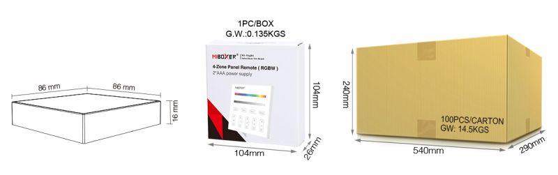 LED RGBW Wandsteuerung mit 2,4 GHz Funktechnik. Darstellung von Produktabmessungen, Einzelverpackung und Versandkarton für das 4-Zonen Touchpanel – ideal für professionelle Lichtplanung und B2B-Projekte.
