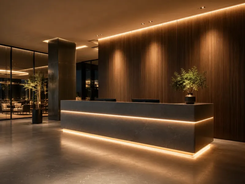 Moderne Empfangstheke mit LED Streifen nach Maß und durchgehender Lichtlinie
