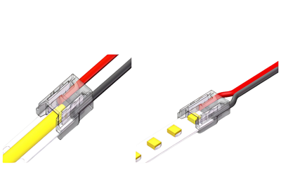LED Strip to Wire Connector 2-Pin Solderless Clip Cable 15 cm – SK-LED 2-poliger LED Strip-zu-Kabel Verbinder – lötfreier (solderless) Anschluss LED-Streifen mit 15 cm Kabel – geeignet für einfarbige COB & SMD Strips – sichere Verbindung ohne Löten – SK-LED