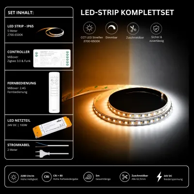 LED Strip Komplettset CCT IP65 Zigbee 3.0 5m 2700–6500K LED Strip Komplettset mit 5 m CCT LED-Streifen IP65 (2700–6500K), MiBoxer Zigbee 3.0 & Funk Controller, weißer 2,4 GHz Fernbedienung, 24V 100W LED-Netzteil und Anschlusskabel. Dimmbares LED-Komplettset mit stufenlos einstellbarer Farbtemperatur.